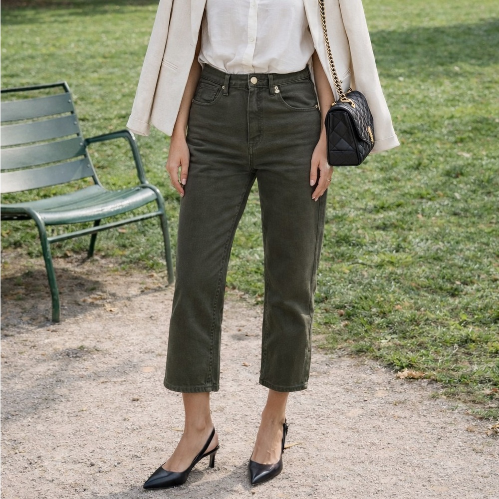 True NYC Denim Trousers Olive Green Cotton Women’s 27 High Rise Cropped